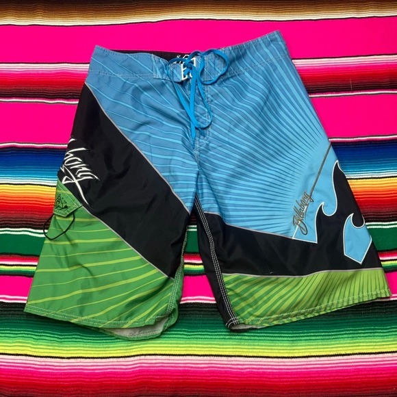 Rare Andy Irons Billabong Board Shorts Men's 32 (30" W) Platinum Green Blue Y2K - Picture 2 of 9